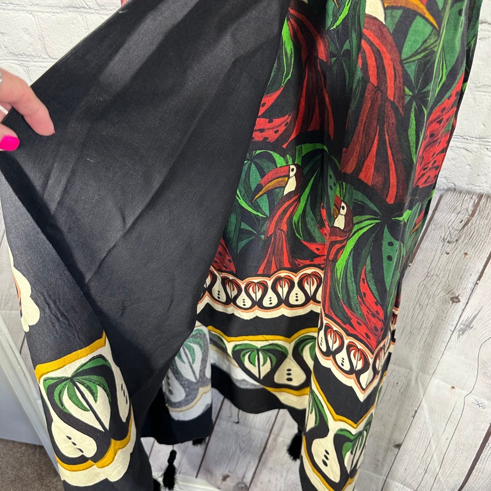 Farm Rio Coconut Tree Flow Scarf Dress Multicolor Tropical Parrot Tassel Midi L - Picture 6 of 10